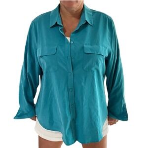 Chico's Teal Blue Button Down Long Sleeve Shirt Pocket Relaxed Casual Sz 4 XL 20